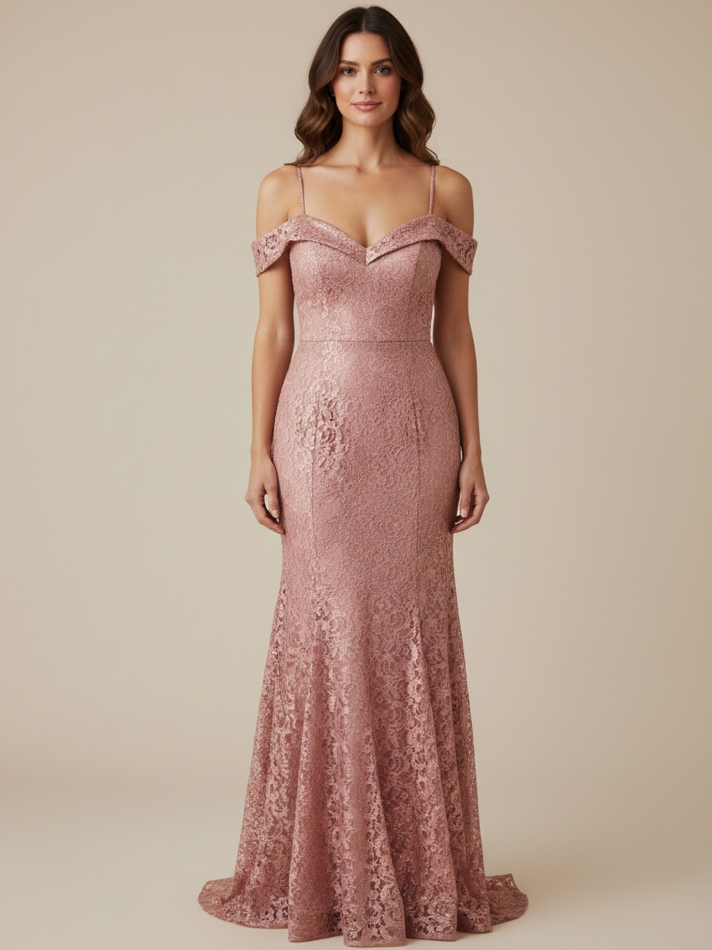 R&M Richards Women's Dusty Pink Lace Off-The-Shoulder Evening Gown Size 16